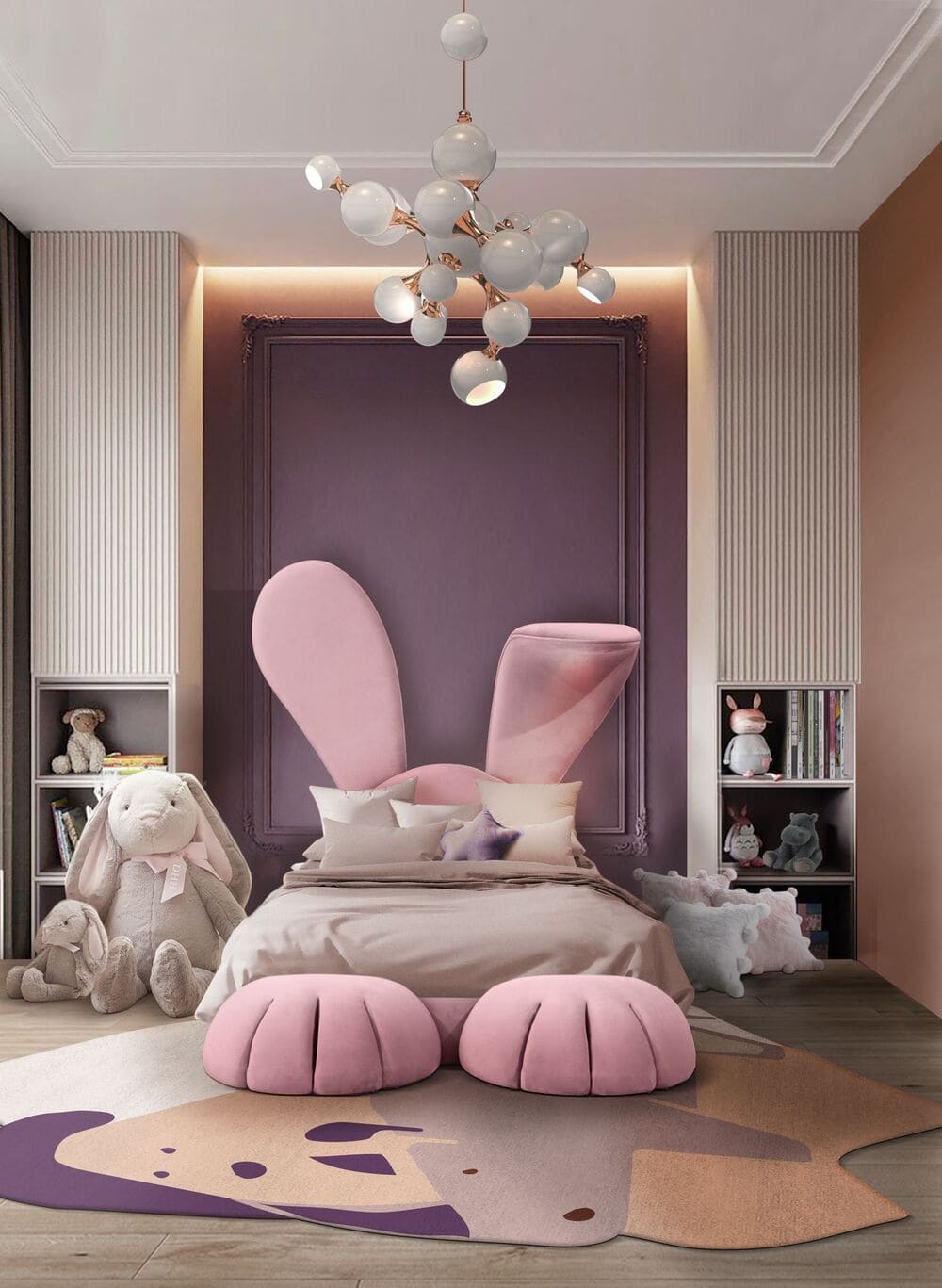 In adorable pink tones and a modern design, this luxury girls' room looks absolutely adorable! The Atomic Suspension Lamp and the Mr. Rhino Rug give a special touch to the space!