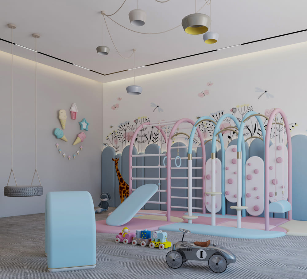 This magical playroom in candy colors it's magical! The Bubble Gum Gym with the Bubble Loop creates a wonderful place of play and fun.