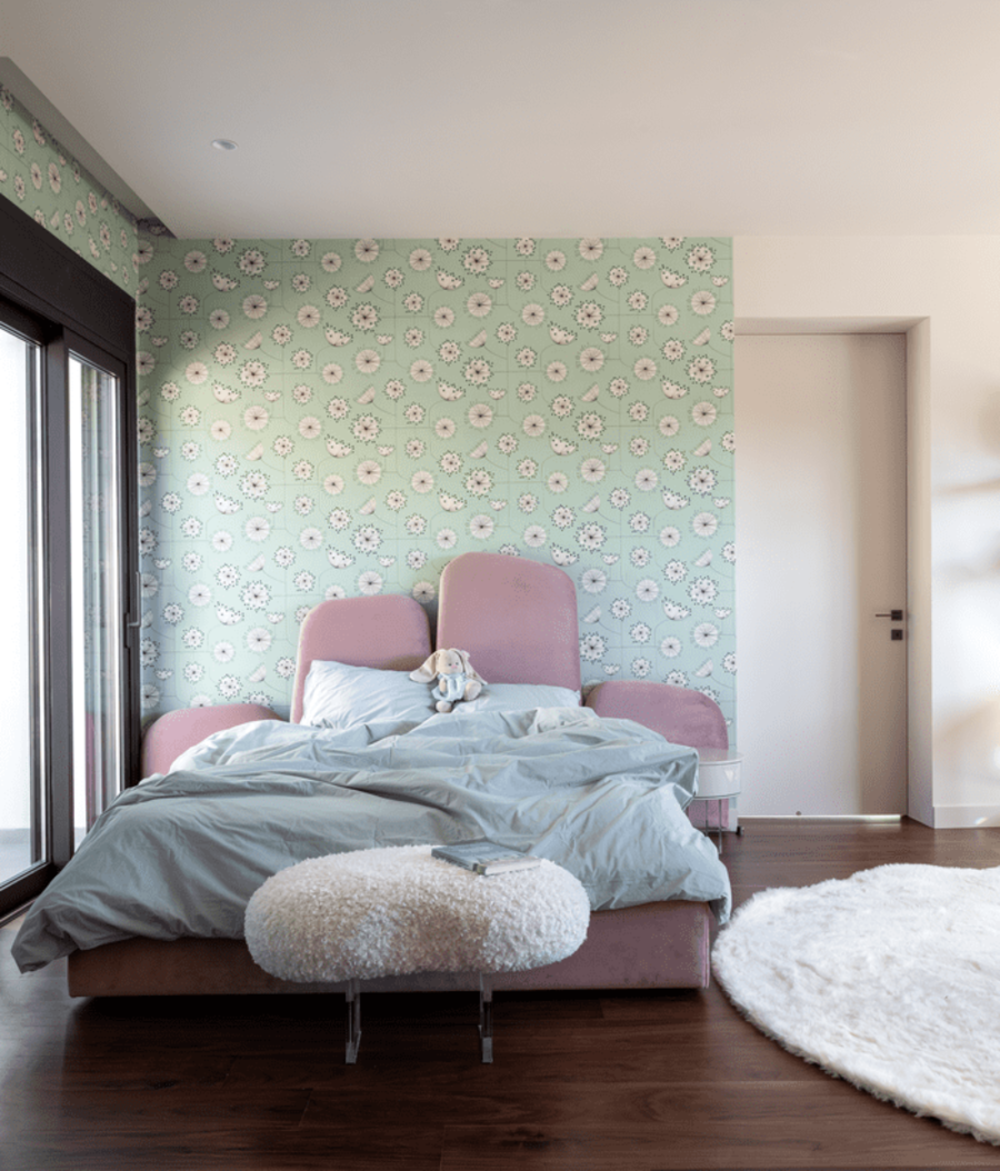 This magical girls' room designed by Olga Gusarova in shades of pink and blue looks absolutely adorable! The sleeping area has a pink bed with an amazing Iraya Headboard that combines perfectly with the Cloud Nightstand! Also, for a cozy touch, the kids' room has the Cloud Rug and the Cloud Puff!