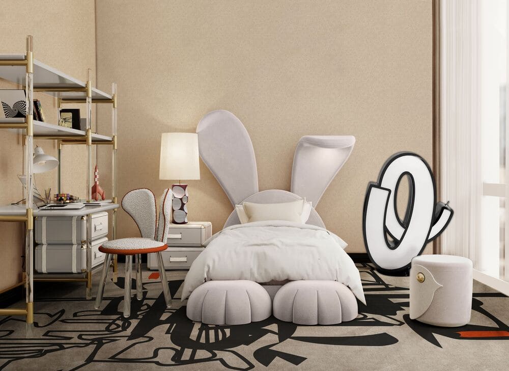 Neutral tones are always a great choice for kids' bedrooms, and this space is the proof of that! Also, the Mr. Bunny Bed can be customized to have your kids' favorite color - talk with one of our interior designers!